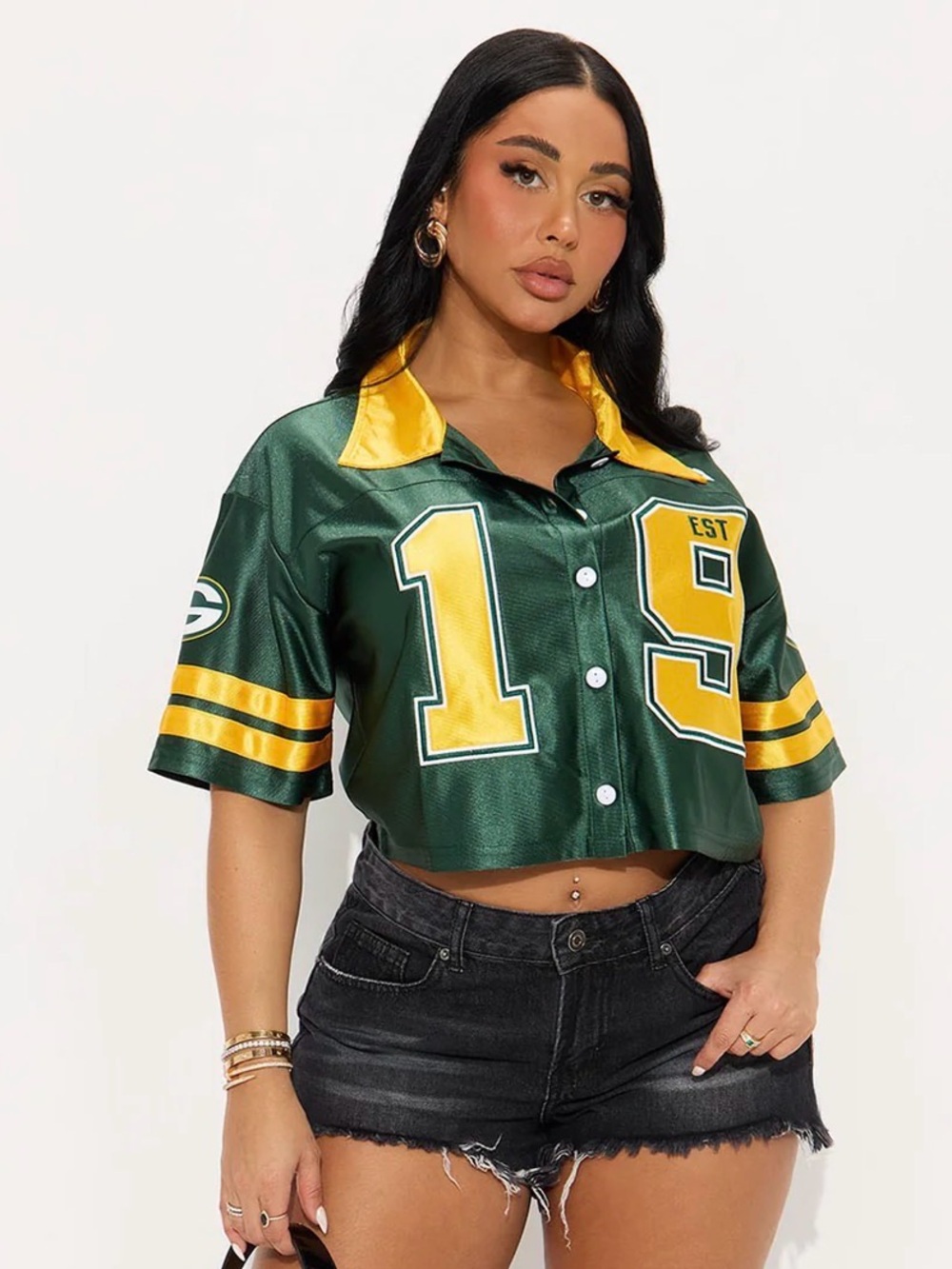 NFL Green Bay Packers Cropped Shirt - Green/combo SIZE EXTRA SMALL